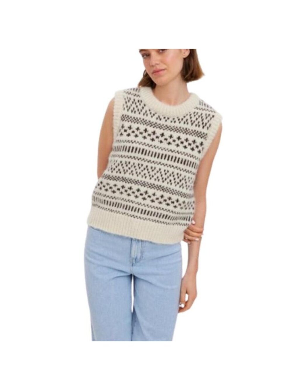 Vero Moda Womens Nordic Knit Sweater Vest XL Fair Isle Sleeveless Neutral